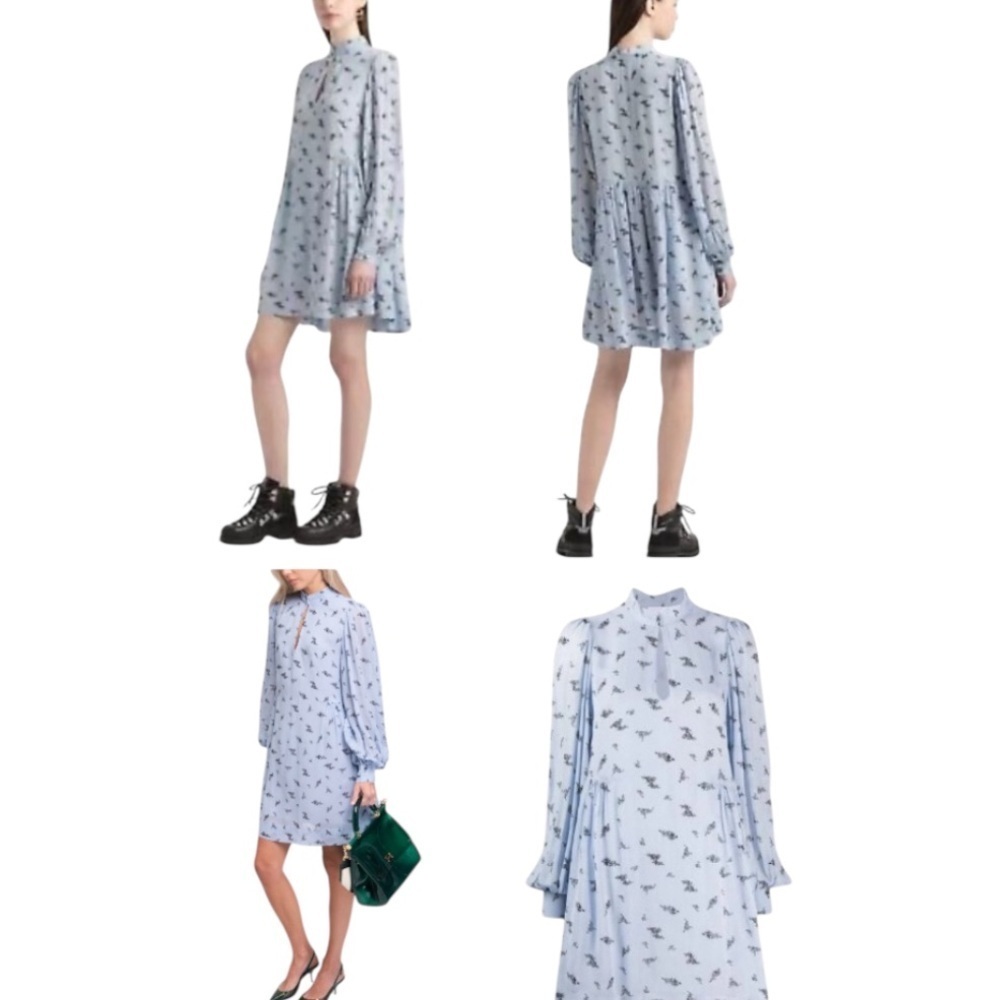 Anthropologie Ganni Light Blue Georgette Mini Dress With Black Roses